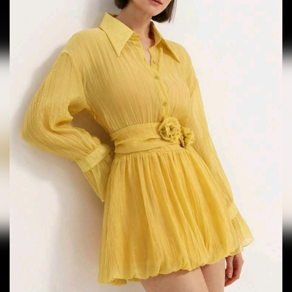 French Style Elegant 2 In 1 Design Sheer Collared Long Sleeve Mini Dress - Picture 1 of 4